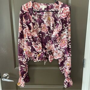 Band of Gypsies Floral Tie-Front Blouse Floral Purple Plum Pink Size L